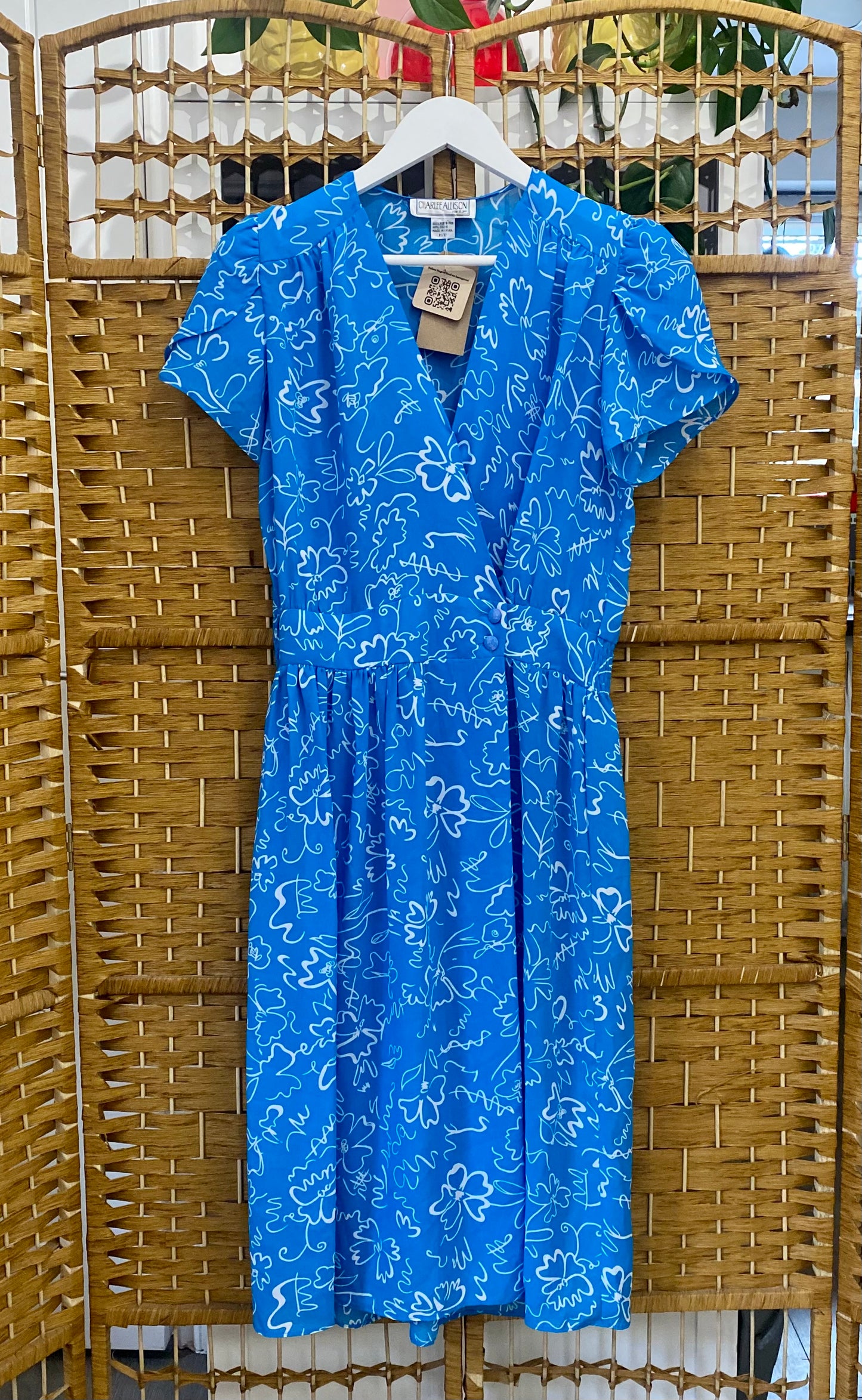 1980s Blue/White ‘Tea’ Style Midi-Dress (UK 14)