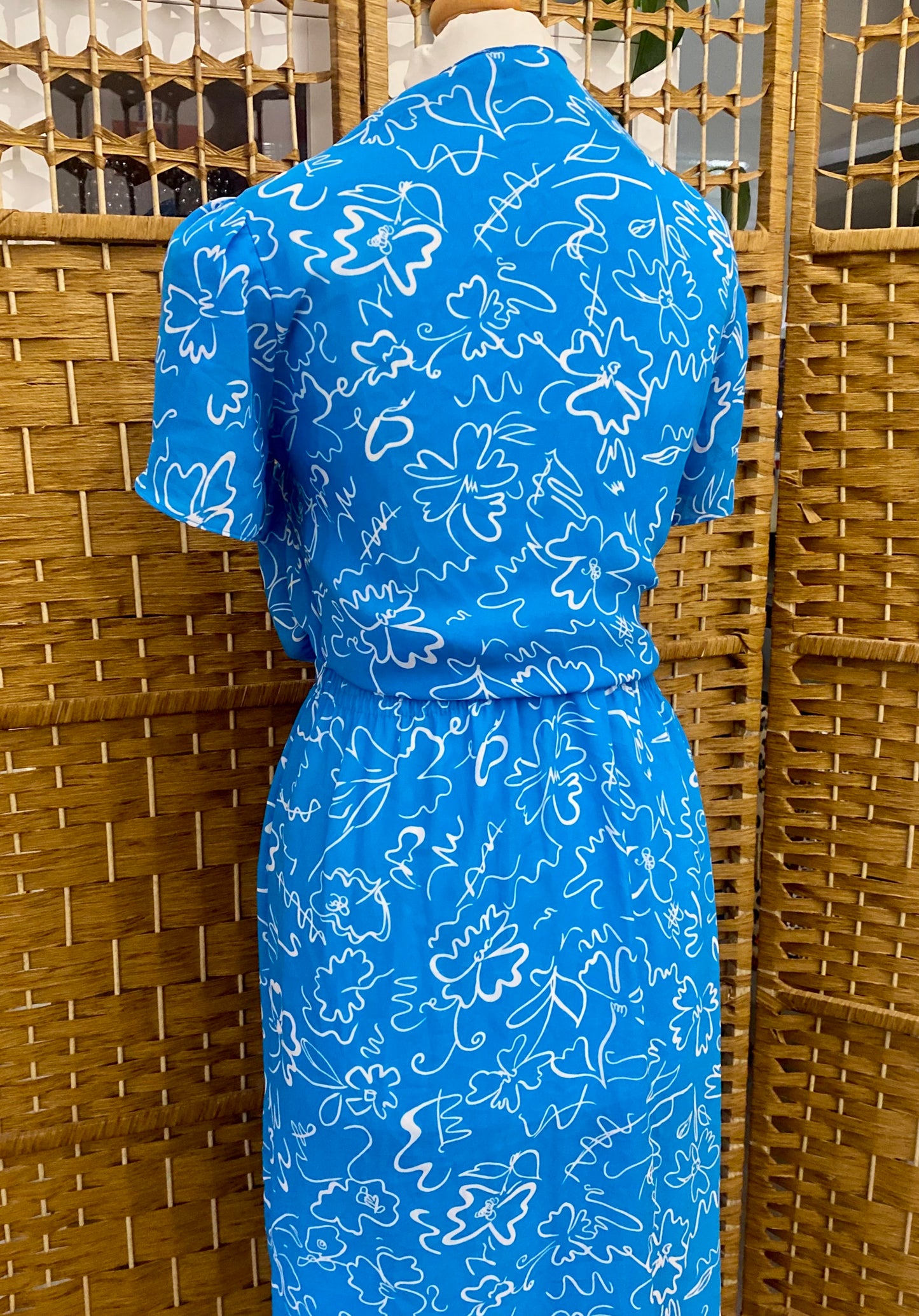 1980s Blue/White ‘Tea’ Style Midi-Dress (UK 14)