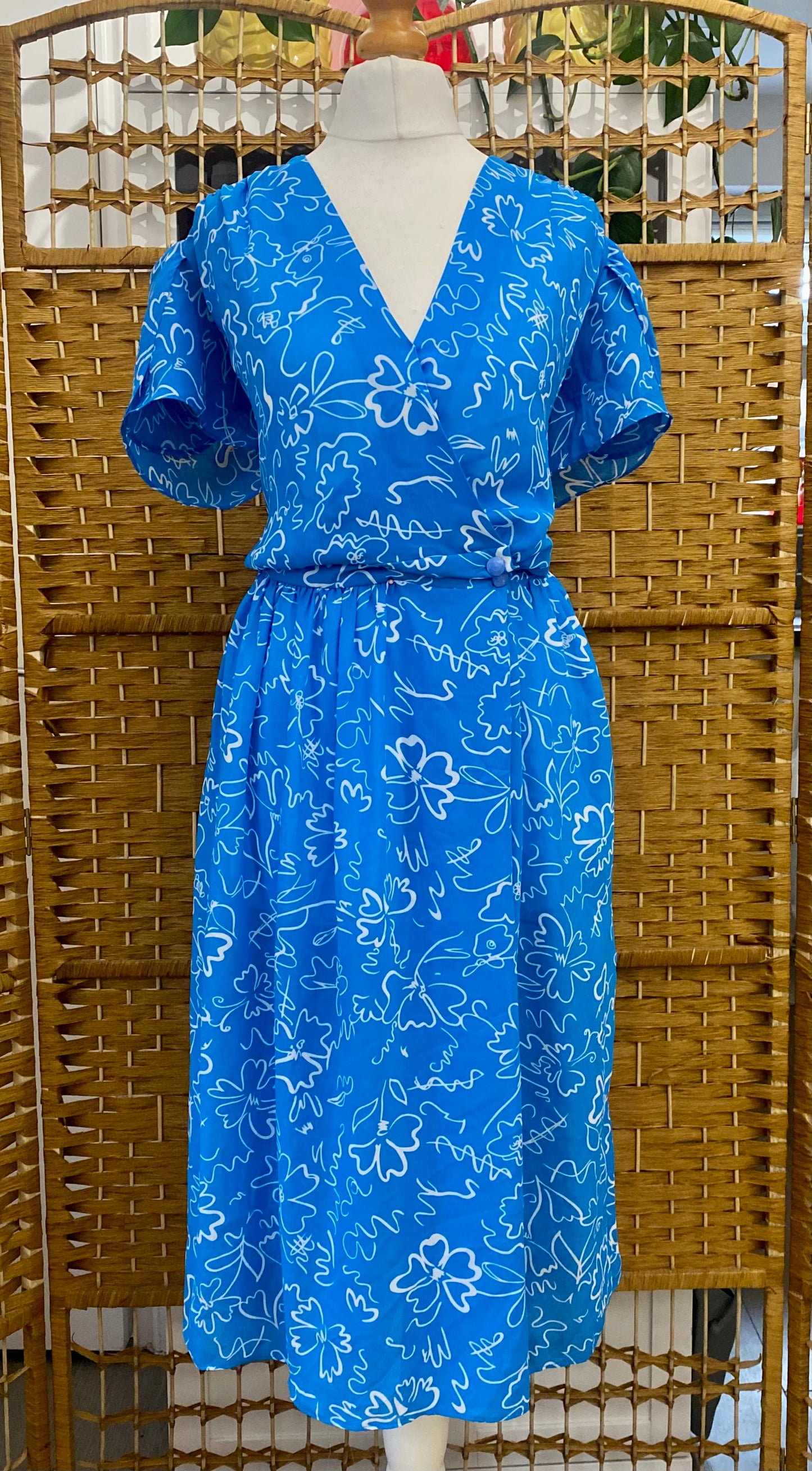 1980s Blue/White ‘Tea’ Style Midi-Dress (UK 14)