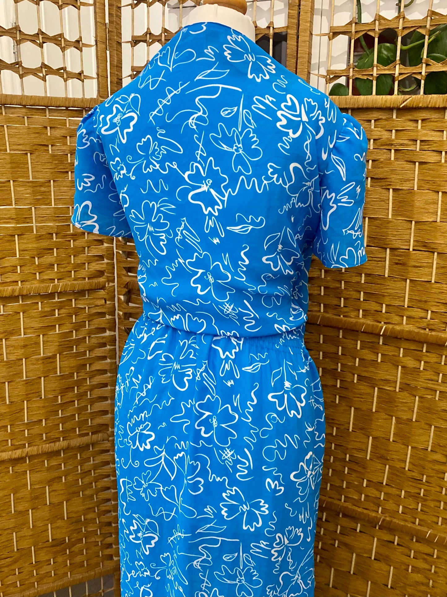 1980s Blue/White ‘Tea’ Style Midi-Dress (UK 14)