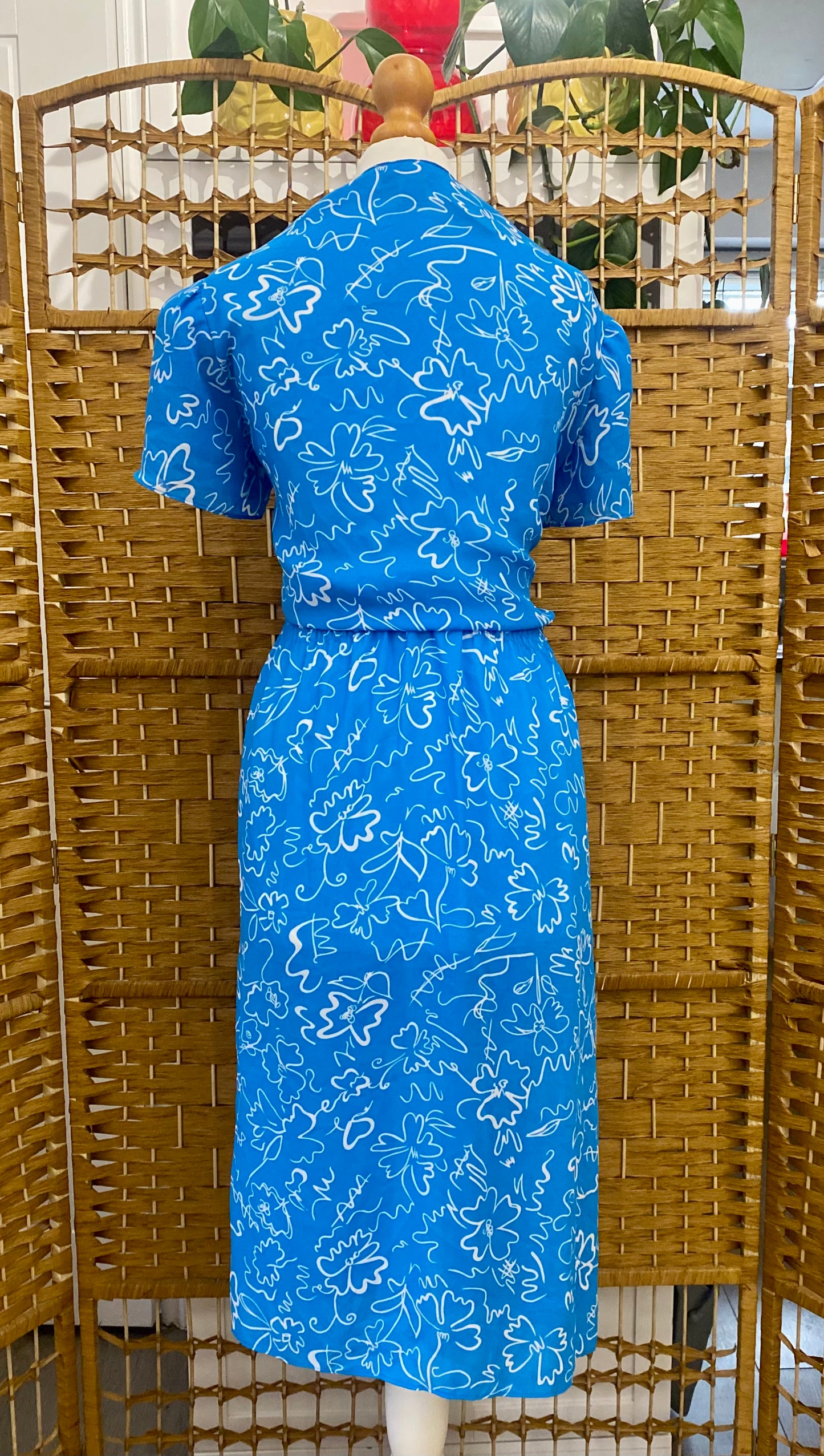 1980s Blue/White ‘Tea’ Style Midi-Dress (UK 14)