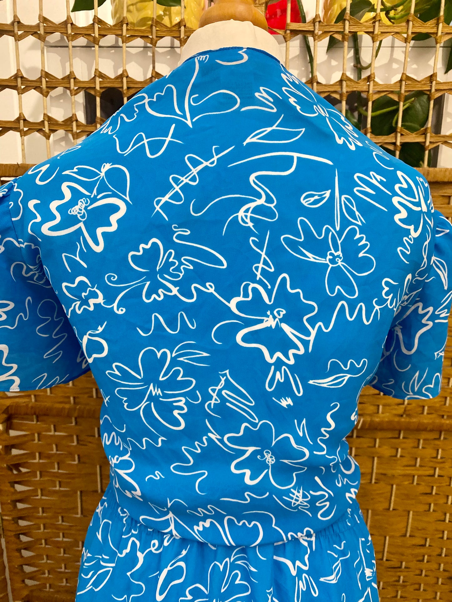 1980s Blue/White ‘Tea’ Style Midi-Dress (UK 14)