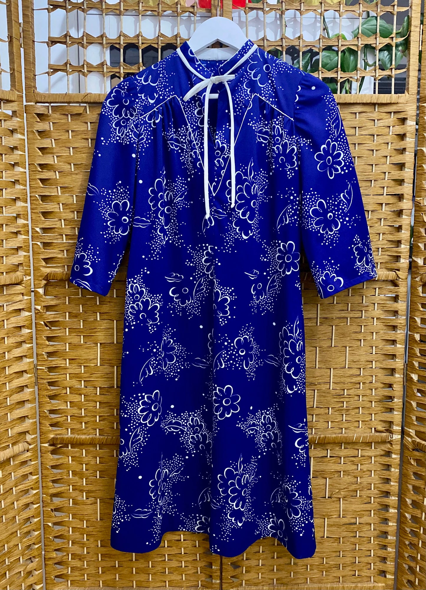 Royal Blue & White Floral Print Midi-Dress (UK 10)