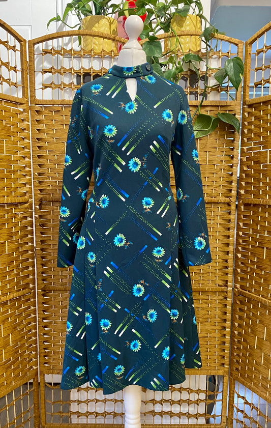 1960s Green Geometric Floral Print Midi-Dress (UK 12)