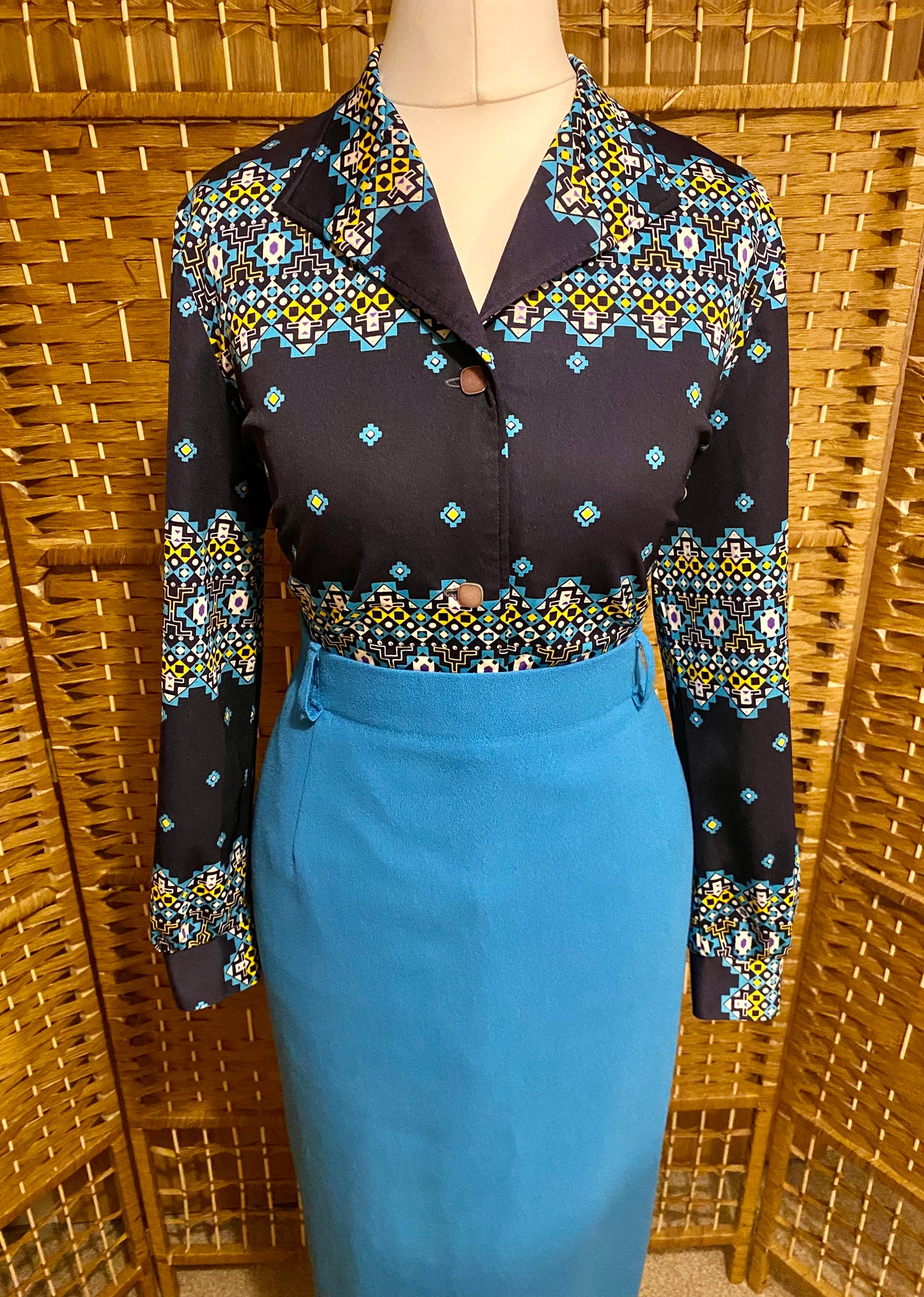 1970s Navy Geo-Print Shirt (UK 12)