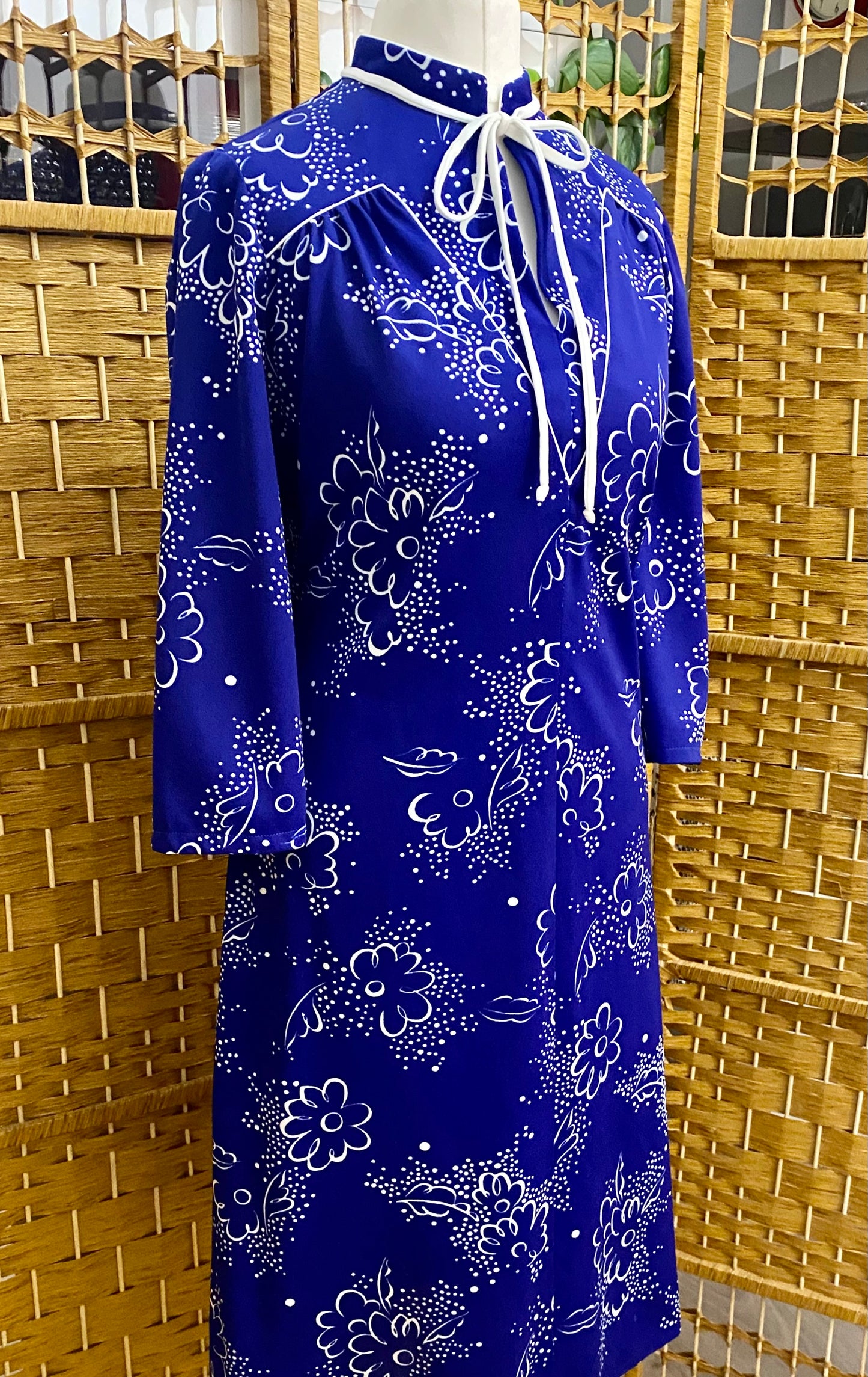 Royal Blue & White Floral Print Midi-Dress (UK 10)