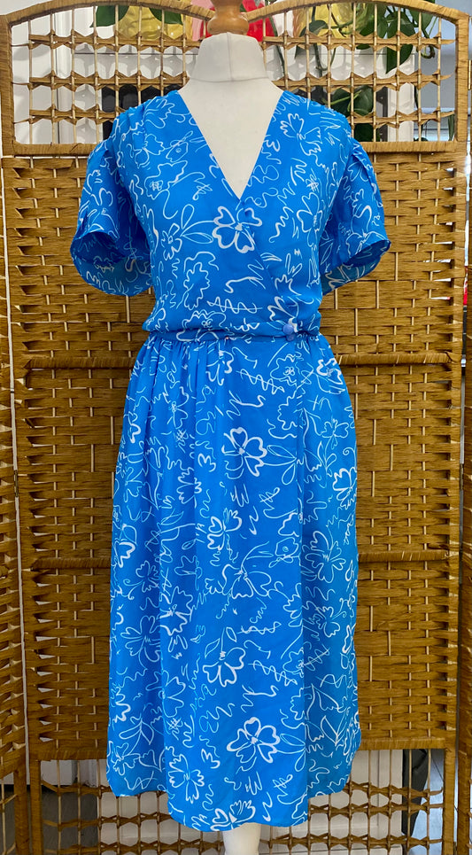 1980s Blue/White ‘Tea’ Style Midi-Dress (UK 14)