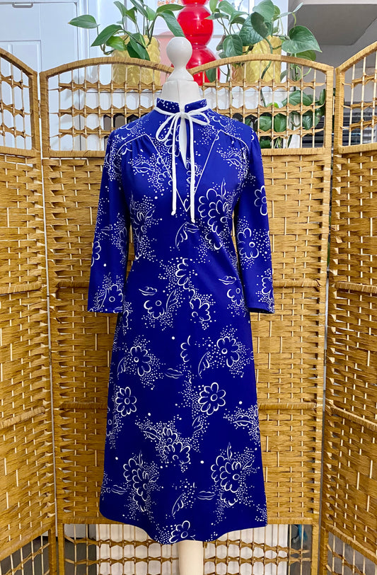 Royal Blue & White Floral Print Midi-Dress (UK 10)