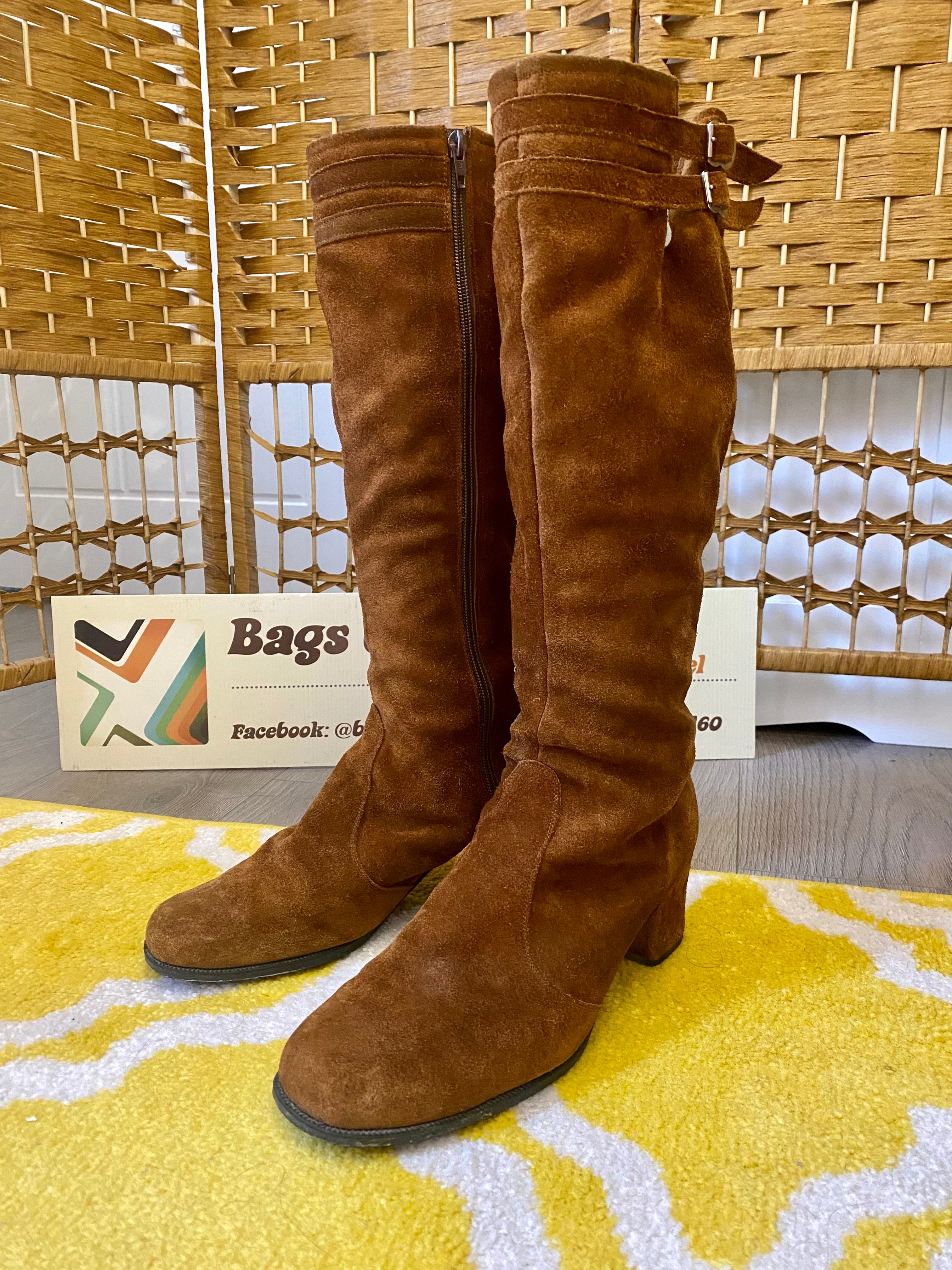 1960s Brown Suede Knee High Boots UK 6 Bags of Soul