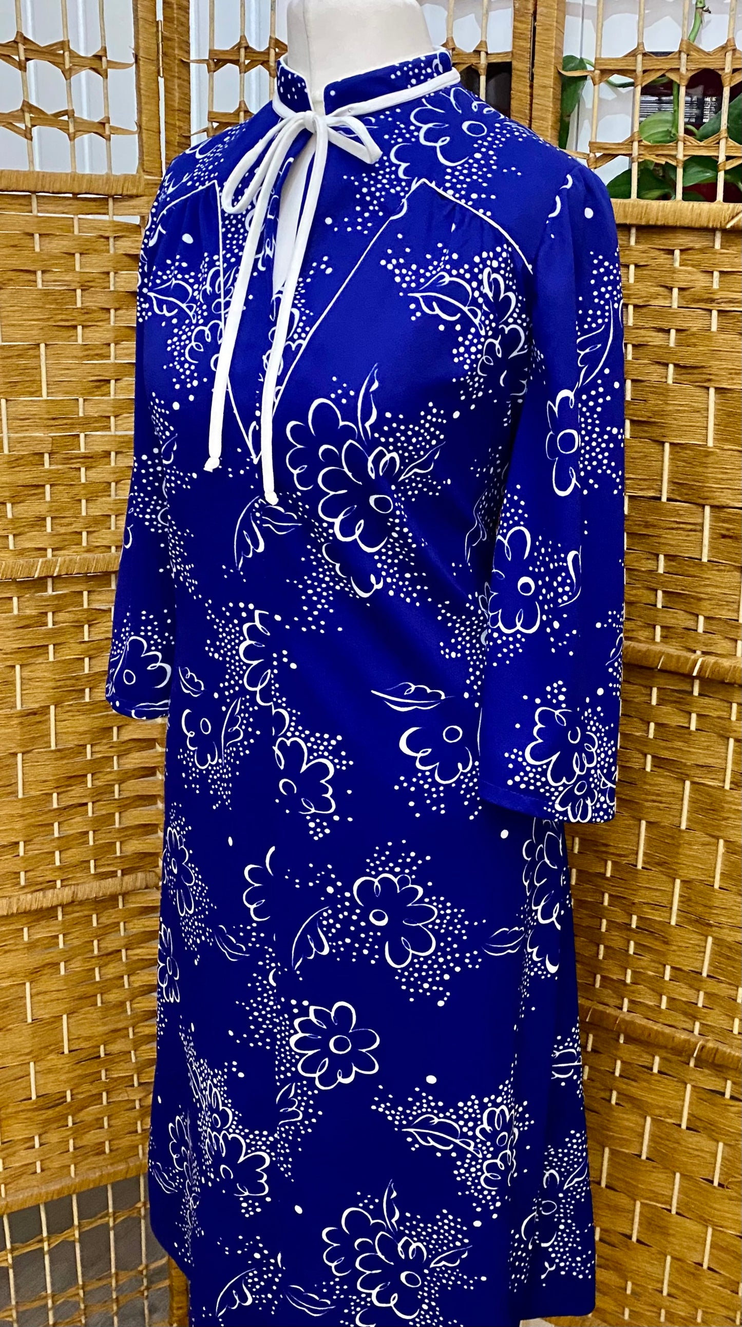 Royal Blue & White Floral Print Midi-Dress (UK 10)