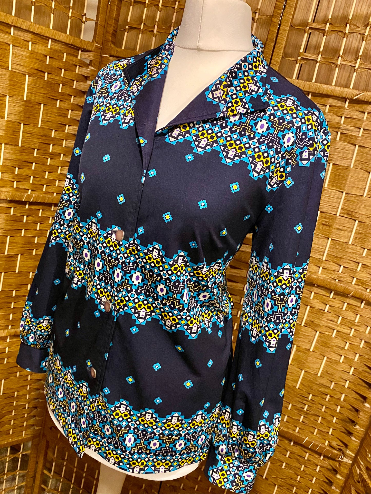 1970s Navy Geo-Print Shirt (UK 12)