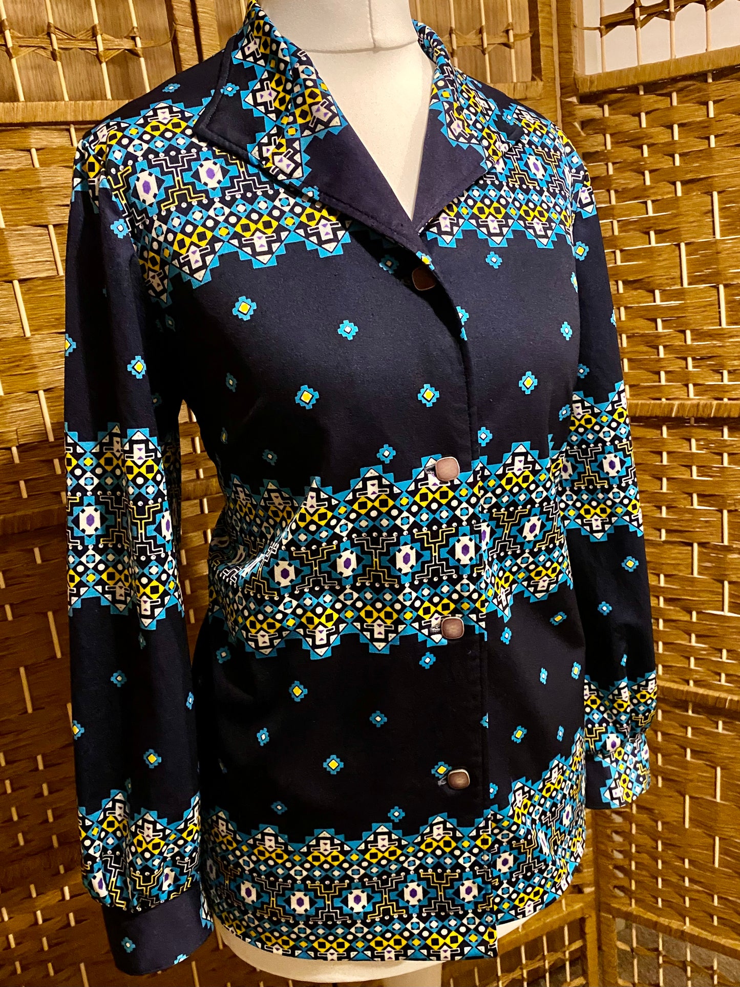 1970s Navy Geo-Print Shirt (UK 12)